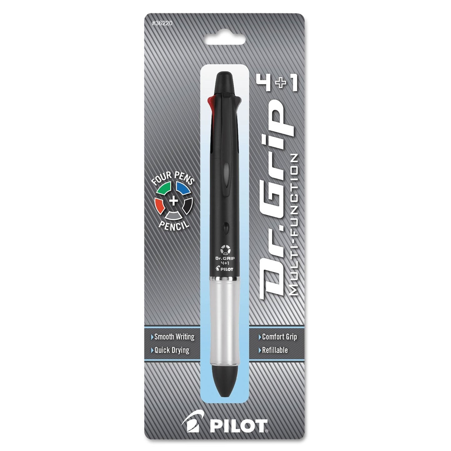 PILOT Dr. Grip 4+1 Multi-Function Refillable & Retractable Ballpoint Pen + Pencil, Fine Point, Black Barrel, Black/Red/Blue/Green Inks, Single Pen (36220)