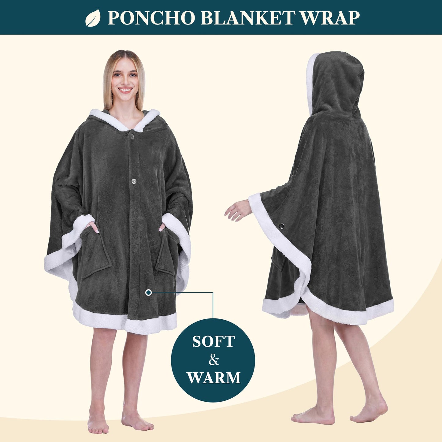 PAVILIA Hooded Blanket Poncho, Women Fleece Shawl Wrap with Hood, Wearable Blanket Cozy Warm Poncho Cape Throw with Pockets, Gift for Elderly Mom, Dark Gray