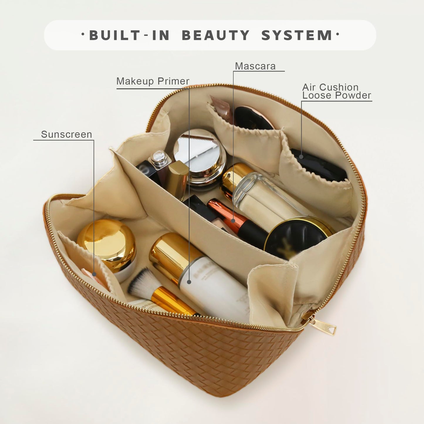 JINYIBAGS Travel Makeup Bag – Large Cosmetic Organizer with Waterproof PU Leather, Smooth Double Zipper & Tear-Resistant Lining, Toiletry Pouch for Women (Caramel)