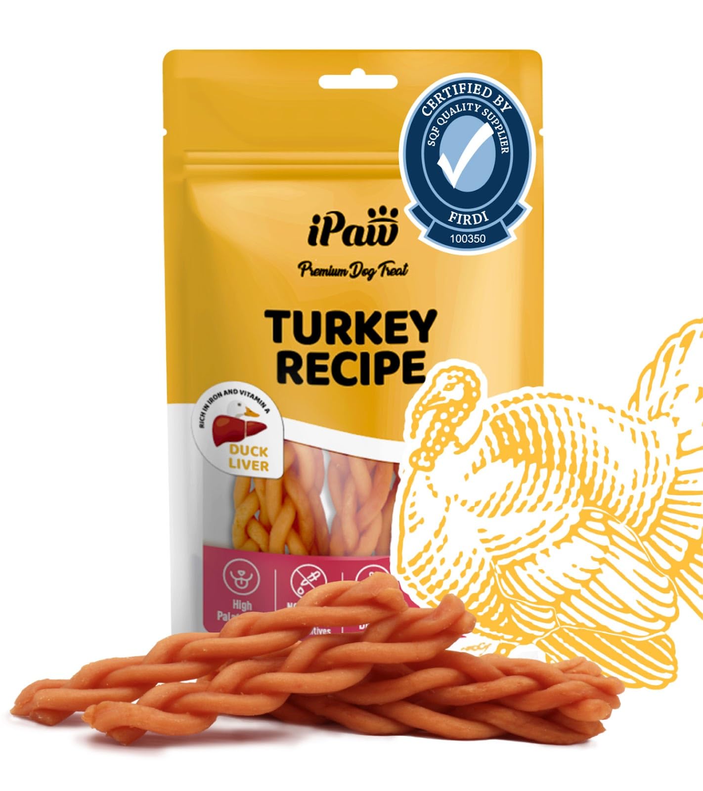 iPaw Turkey Dog Treats, SQF Certified Human Grade Dog Treat, Suitable for Training Chew, Hypoallergenic, Rawhide Alternative, Braided Stick (Duck Liver)