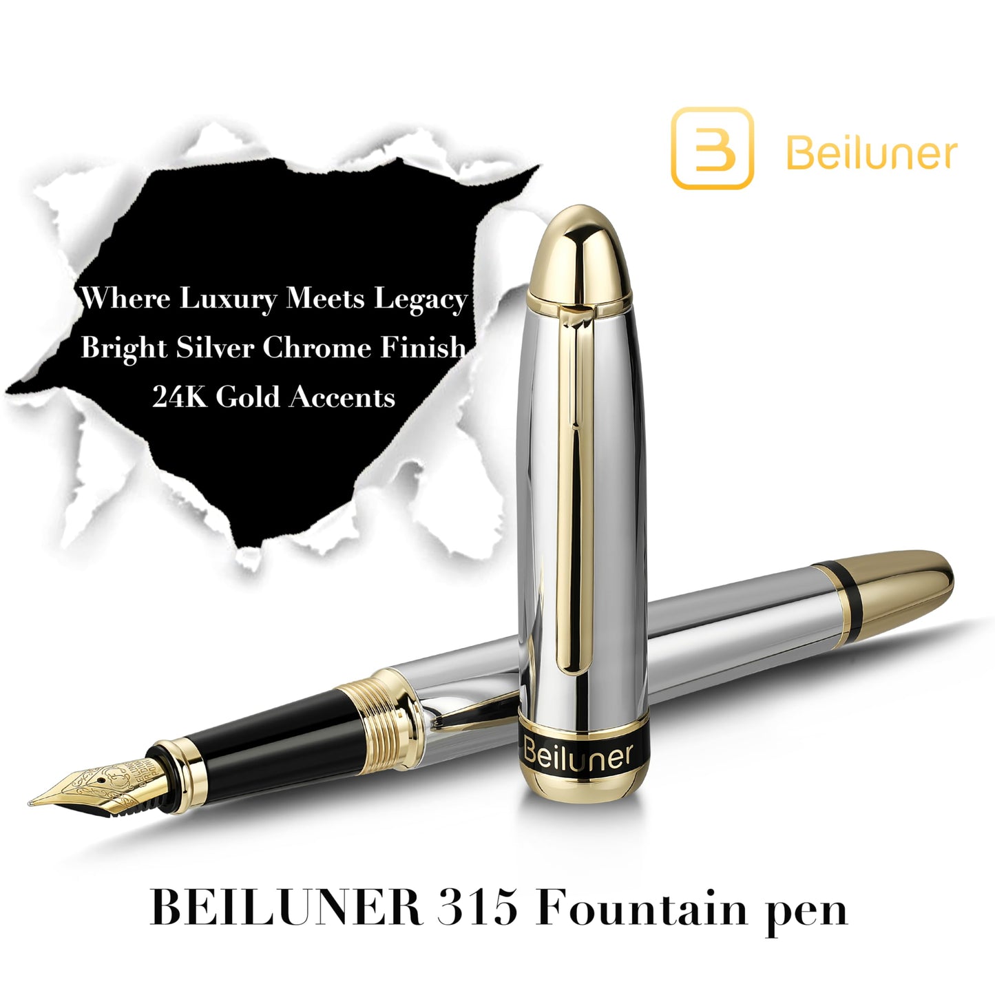 BEILUNER 315 Silver Chrome Fountain Pen,Stunning Luxury Pens with 24K Gold Accents, Gorgeous 24K Gilded Nib(Fine), Ink Converter,Fancy Pen Gift for Men&Women-Elegant, Office, Writing, Nice Design