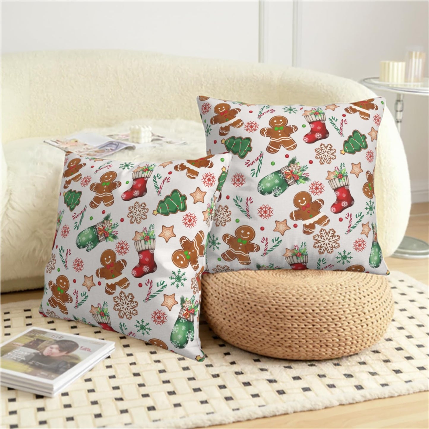 Kwlegh Christmas Pillow Covers 18x18 Set of 2 Gingerbread Man Throw Pillow Covers Xmas Tree Socks Gloves Snowflakes Pillow Case for Holiday Decor Couch Sofa