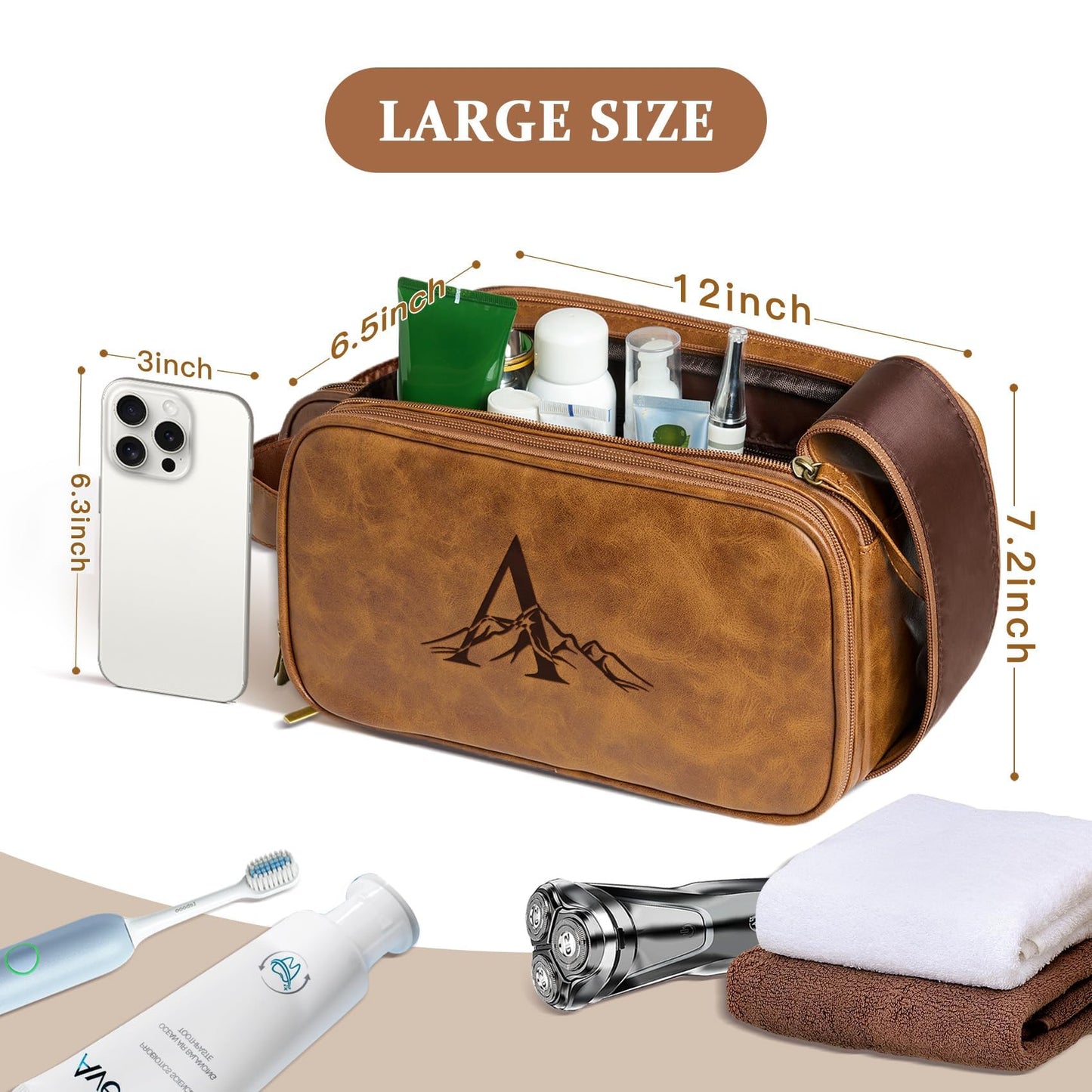 Janhavi Travel Essentials Toiletry Bag, Waterproof PU Leather Initials & Mountain, Groomsmen Gifts, Men's Accessories Organizer, Travel Bags for Men, Gifts for Men(Brown T)