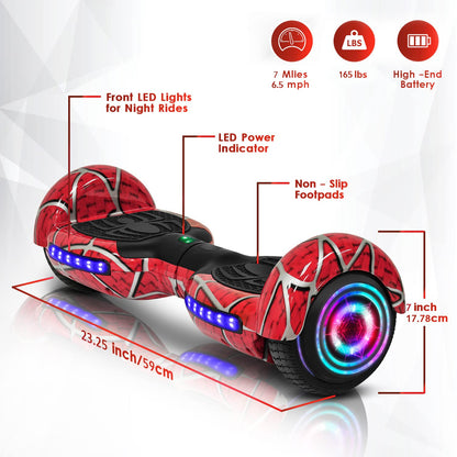 EMAXUSA, Spider-Pattern Hover Board for Kids Ages 6-12, with Bluetooth Speaker and LED Lights 6.5" Hover Board, UL2272 Safety Certified (Red)
