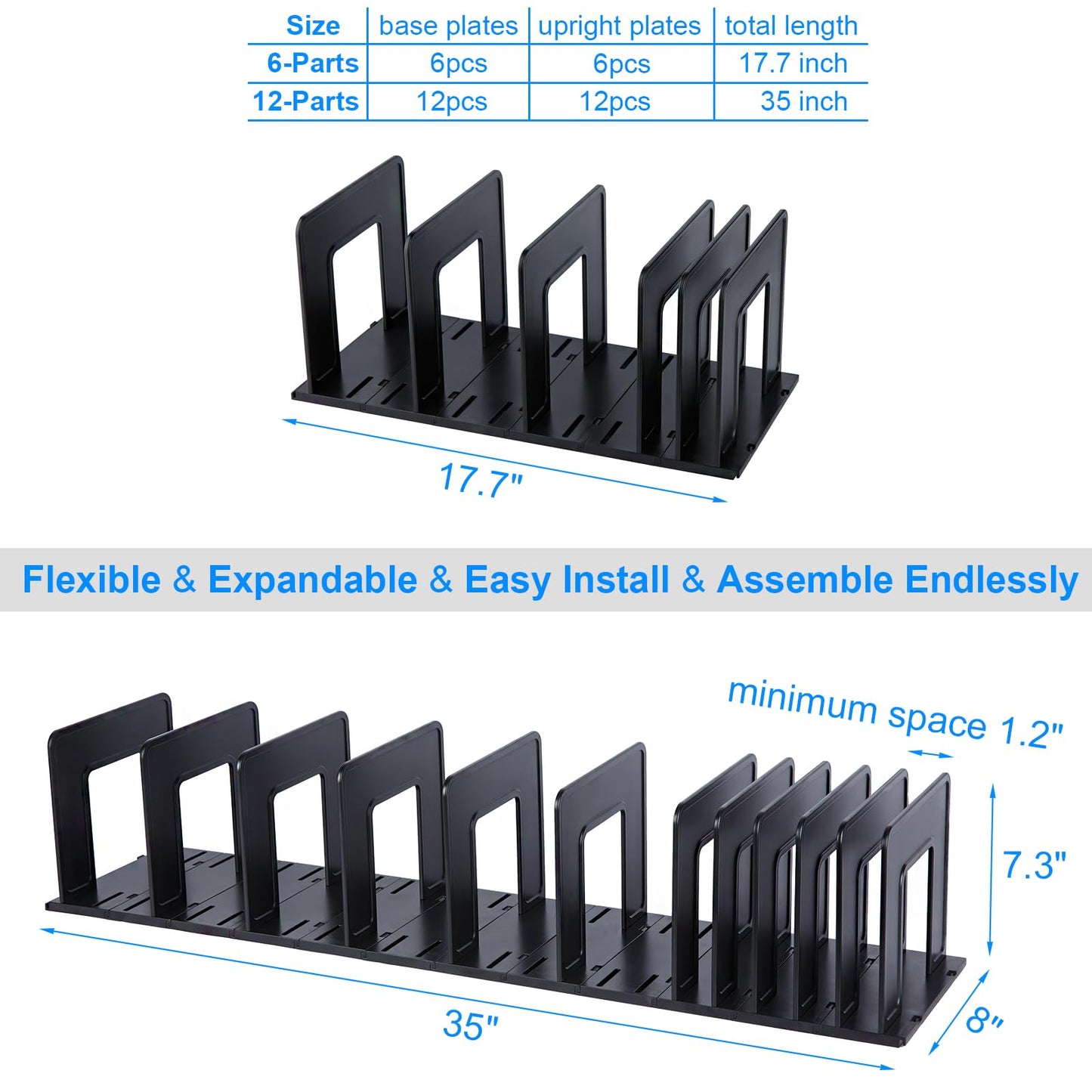 LuluEasy Adjustable Vertical File Sorter Sturdy Plastic Expandable Upright File Holder, Desktop Binder Organizer, School Office File Organizer Bookshelf Divider, Assemble Easily Endlessly, Black