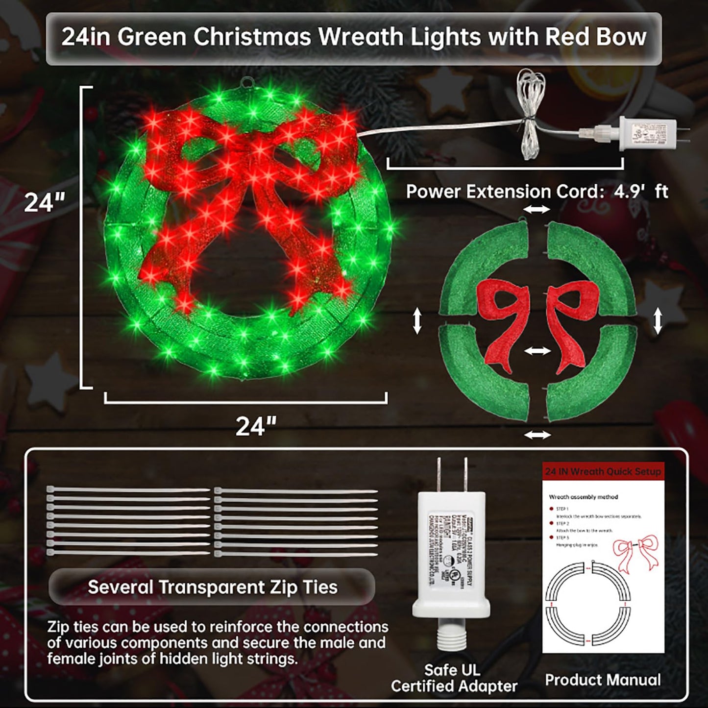Outdoor Christmas Wreath Decoration - 24" Bright LED Christmas Wreath Lights with Bow, Large Lighted Christmas Wreaths Window Lights for Wall, Windows, Front Door Decor, Red Bow - Green Wreath
