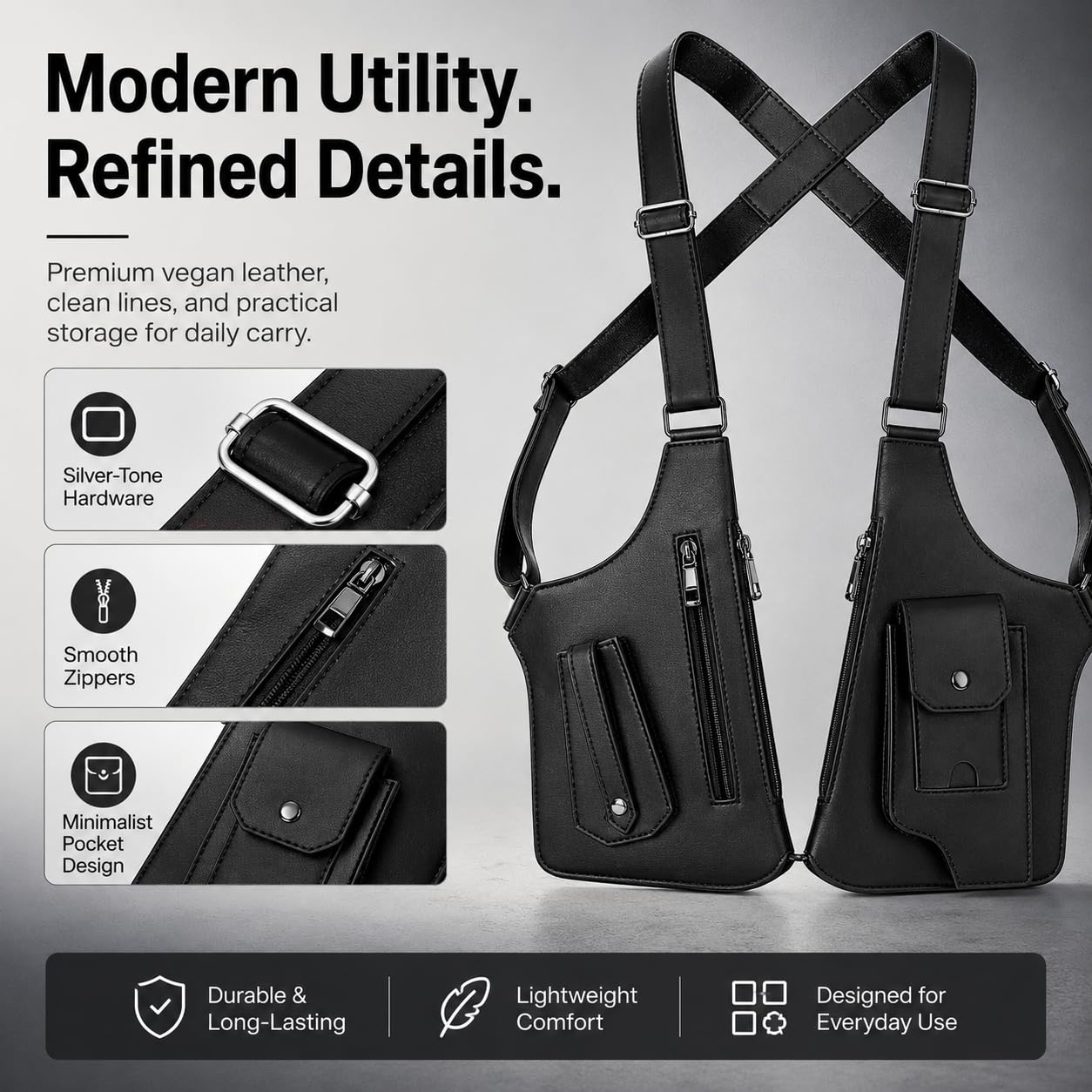 Men’s Underarm Shoulder Holster Bag Anti-Theft Crossbody Sling Bag Concealed Style EDC Pouch Adjustable Straps Multi Pocket (Vegan Leather)