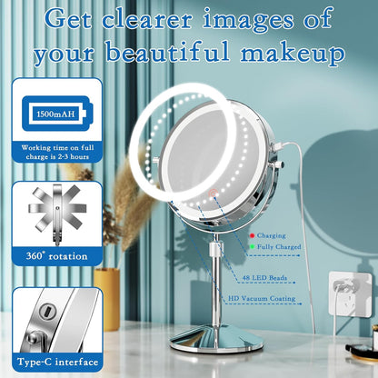 Vanity Mirror with Lights 7" Rechargeable 1x/10x Lighted Makeup Mirror Adjustable Height Double Sided Mirror with Lights 360°Rotating Makeup Mirror