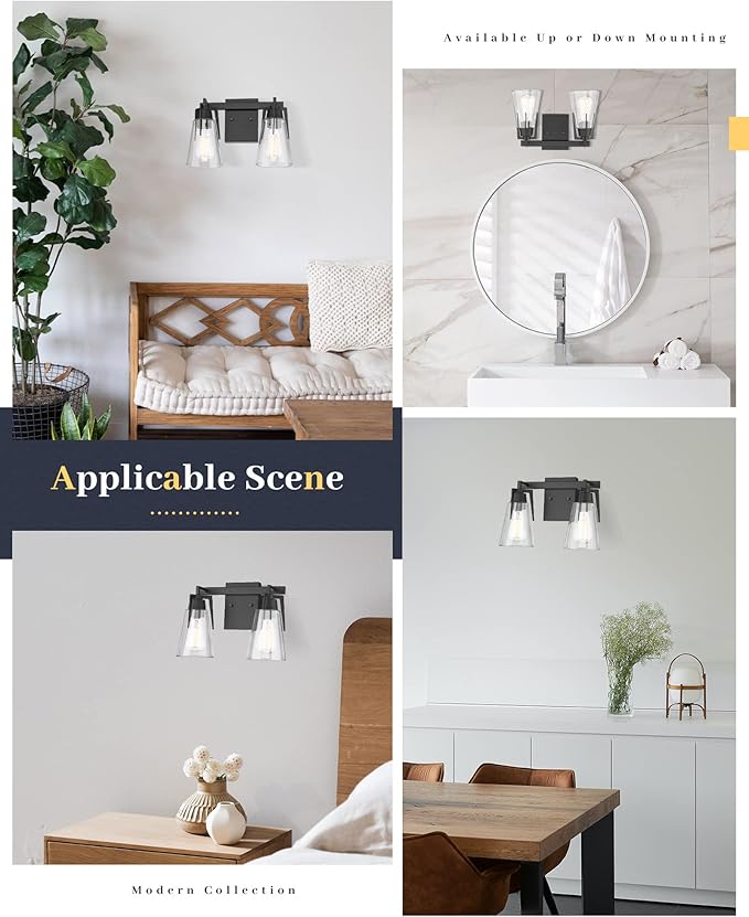 EAPUDUN 2-Light Vanity Light, Matte Black Bathroom Lighting Fixtures Over Mirror, Modern Metal Wall Sconce for Hallway Kitchen Bedroom Living Room, WLA1401-MBK