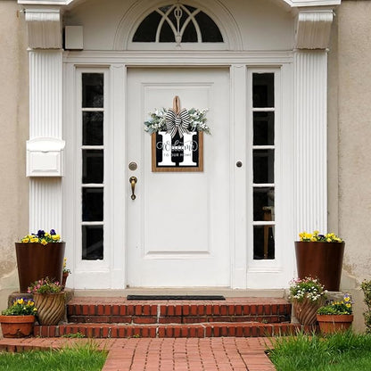 Ultra Large 14'' Last Name All Year Round Front Door Wreath with 26 Initial Letter Welcome Sign All Seasons Eucalyptus Garland and Bow Wreaths for Front Door Porch Farmhouse Decoration (H)