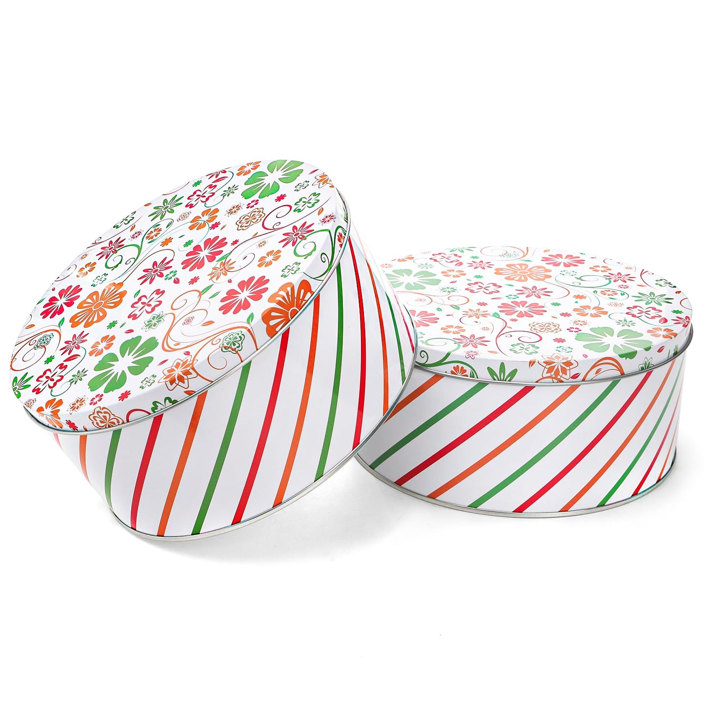 Yopay 3 Pack Round Decorative Cookie Tins, Floral Red Green Striped Holiday Metal Gift Tins, Food Safe Baking Cake Storage Containers for Easter, Christmas Cookies, Candy, Biscuits, Gift Packaging