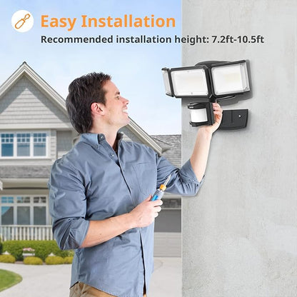 LEPOWER Battery Powered LED Flood Light Outdoor,1500LM Motion Sensor Security Lights, IP65 Waterproof,Wireless Flood Light Battery Operated,3 Head Motion Detector Light for Garage,Yard,Porch(Black)