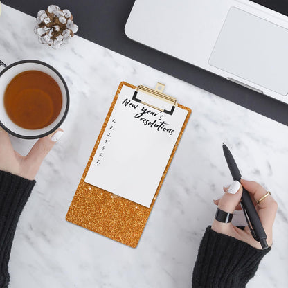Piasoenc Acrylic Clipboards, Fashion Glitter Clip Board with Low Profile Gold Clip, Designed for Classroom School and Office Use, A4 Letter Size 4 x 8 in, Orange