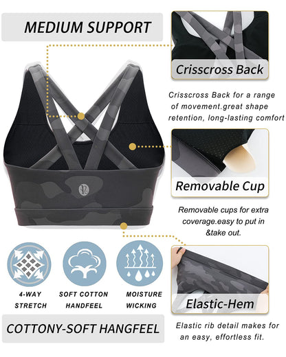 RUNNING GIRL Sports Bra for Women, Criss-Cross Back Padded Strappy Sports Bras Medium Support Yoga Bra with Removable Cups(2575_Camo Black_XL)