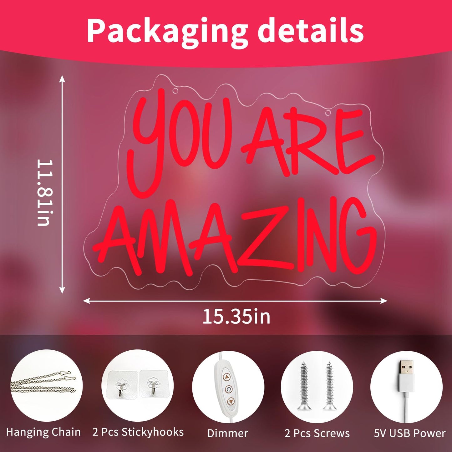 You Are Amazing Neon Sign, Dimmable LED Neon Signs for Wall Decor, USB Powered Neon Light Sign Wall Art for Bedroom Christmas Party Classroom, Postive Aesthetic Decoration 15.35 x 11.81"
