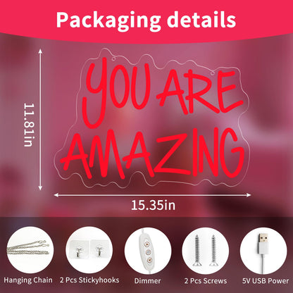 You Are Amazing Neon Sign, Dimmable LED Neon Signs for Wall Decor, USB Powered Neon Light Sign Wall Art for Bedroom Christmas Party Classroom, Postive Aesthetic Decoration 15.35 x 11.81"