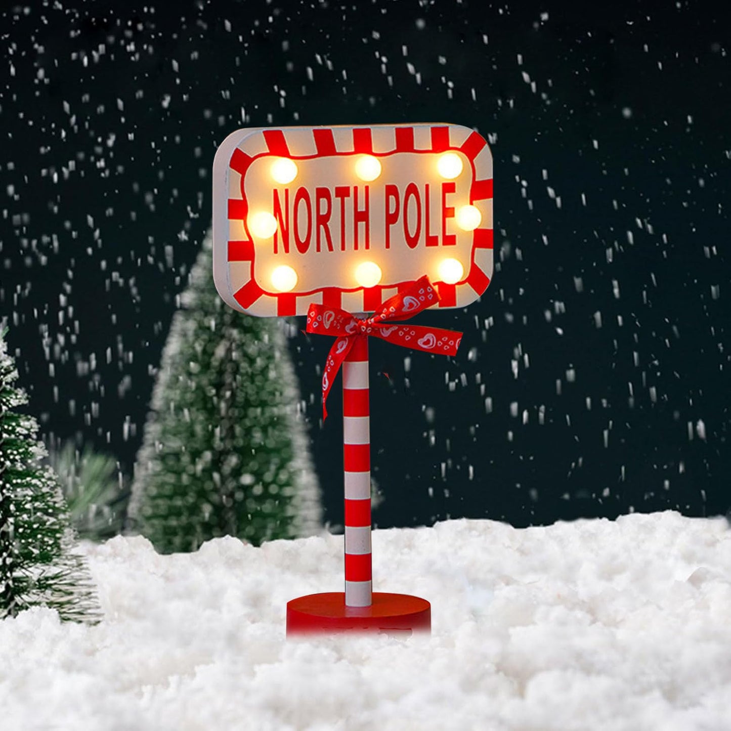 NOENNULL Xmas LED Street Lamp Wooden North Pole Sign Battery Operated Tabletop Night Light Xmas Tree Night Light Tabletop Decorations for Home Office Holiday Party Decoration
