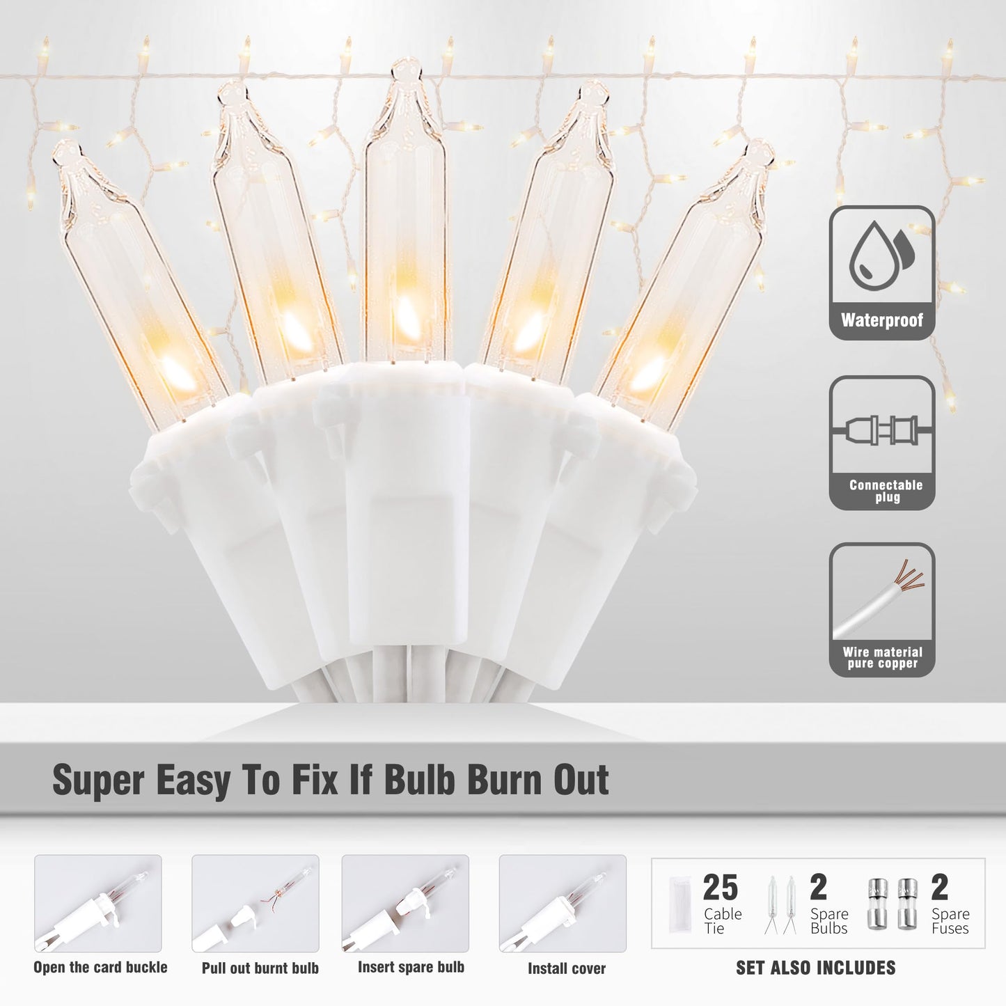YOUNGAR Icicle Lights Outdoor, 23FT 200 Connectable Icicle Christmas Lights,Warm White Plug in Curtain String Lights for Indoor Wedding Party Holiday Xmas Yard Patio Window Decoration