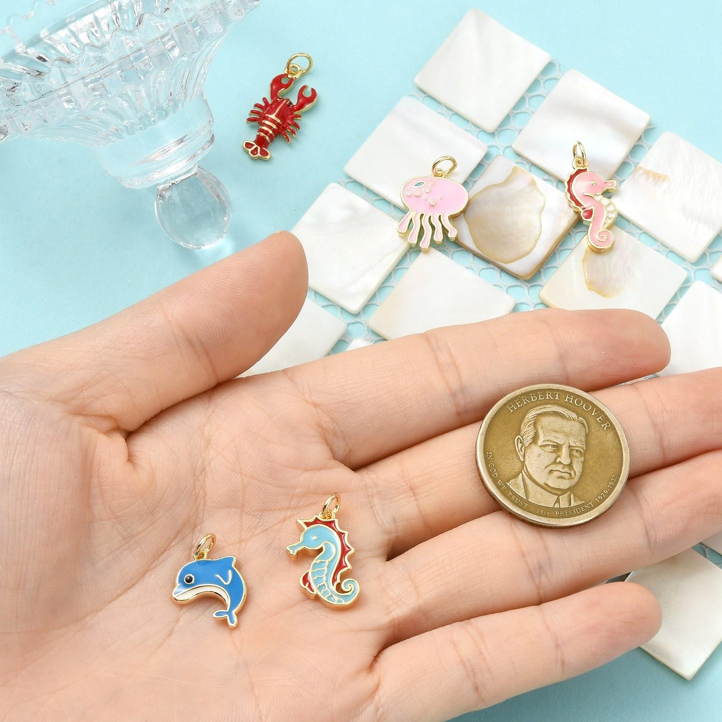Stiesy Ocean Animal Theme Enamel Charms 5Pcs Brass Jellyfish Lobster Dolphin Sea Horse Marine Life Pendants 18K Gold Plated with Jump Rings for Beach Jewelry Making Sea Inspired Necklaces