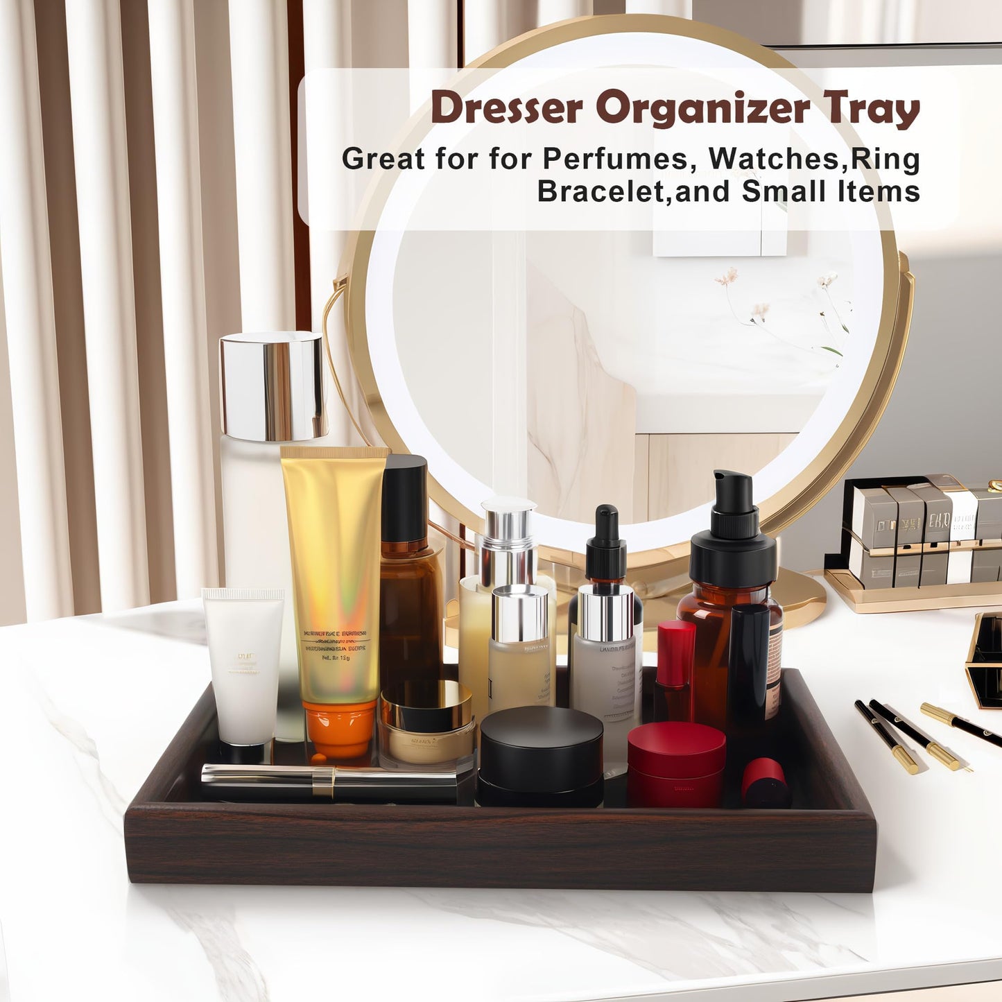 Zosenley Wooden Valet Tray with Leather Base - Nightstand Catchall Organizer for Cologne, Perfume, Keys, Wallet, Phone, Watch, Jewelry & Sunglasses (Black)