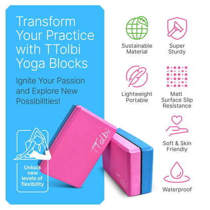 Yoga Blocks 2 Pack Set with Dance Stretch Band & Guide: Non-Slip EVA Foam Block - Ideal Stretching Equipment for Home Workouts, Pilates, Dance, Ballet, Gymnastics, Exercise - Stretch Strap Stuff Props