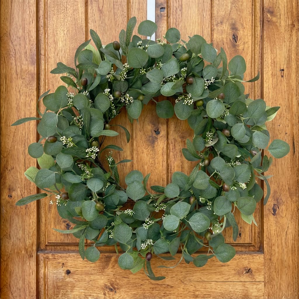 GinzeTop 24 Inch Eucalyptus Wreath for Front Door, Large Artificial Greenery Wreaths with Olive Leaves and Berries, Farmhouse Spring Summer Decor for Porch, Wall, Window, All Season