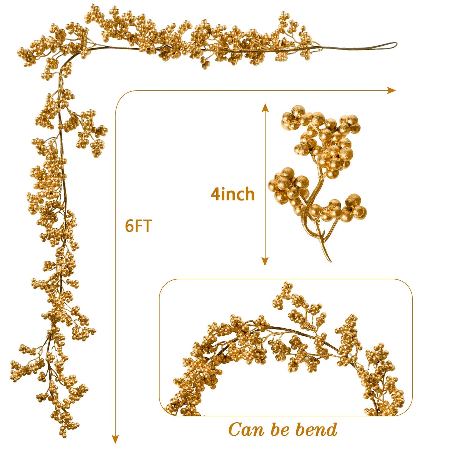 Syhood Christmas Berry String Garland with Lights Thanksgiving Artificial Lighted Garland for Xmas Winter Tree Decor Home Office Fireplace Mantel Decoration Holiday Valentines, 6 ft(Gold,1 Pc)