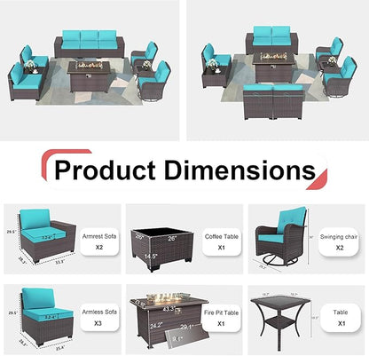 Kurapika 10 Pieces Patio Furniture Set, Rattan Wicker Outdoor Conversation Sets w/43in Propane Fire Pit Table, Swivel Rocking Chairs Patio Sectional Sofa w/4 Inch Cushion, Blue