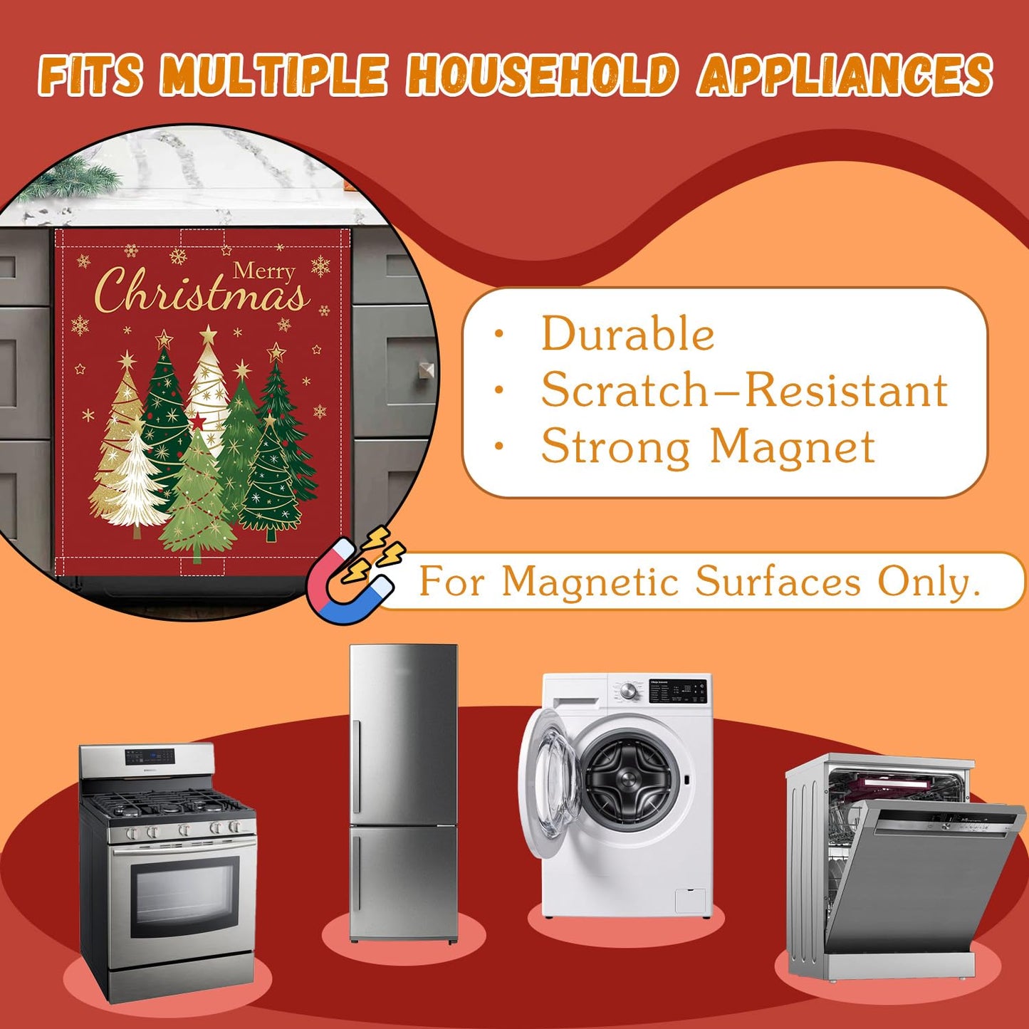 Christmas Tree Magnet Cover 23x26in Merry Christmas Dishwasher Cover for Washers Fridge Panel, Gold Snowflake Magnetic Covers for Kitchen, Reusable Cover, Christmas Holly Evergreen Kitchen Decor