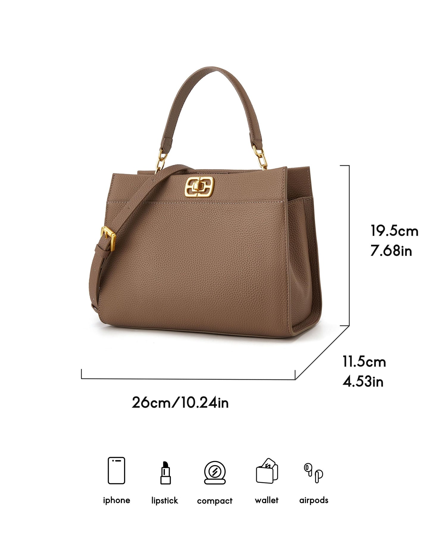 ELLE Women's Structured Full Grain Leather Top Handle Bag with Detachable Strap