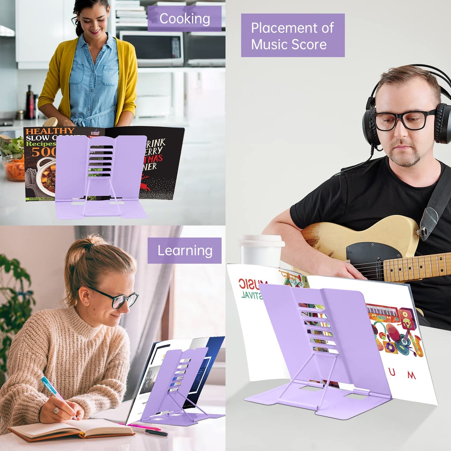 Honagu Metal Desk Book Holder, Hands Free Adjustable Cookbook & Document Holder, Portable Bookstand for Music Books, Textbooks, Recipes, Tablets & iPads (Purple)