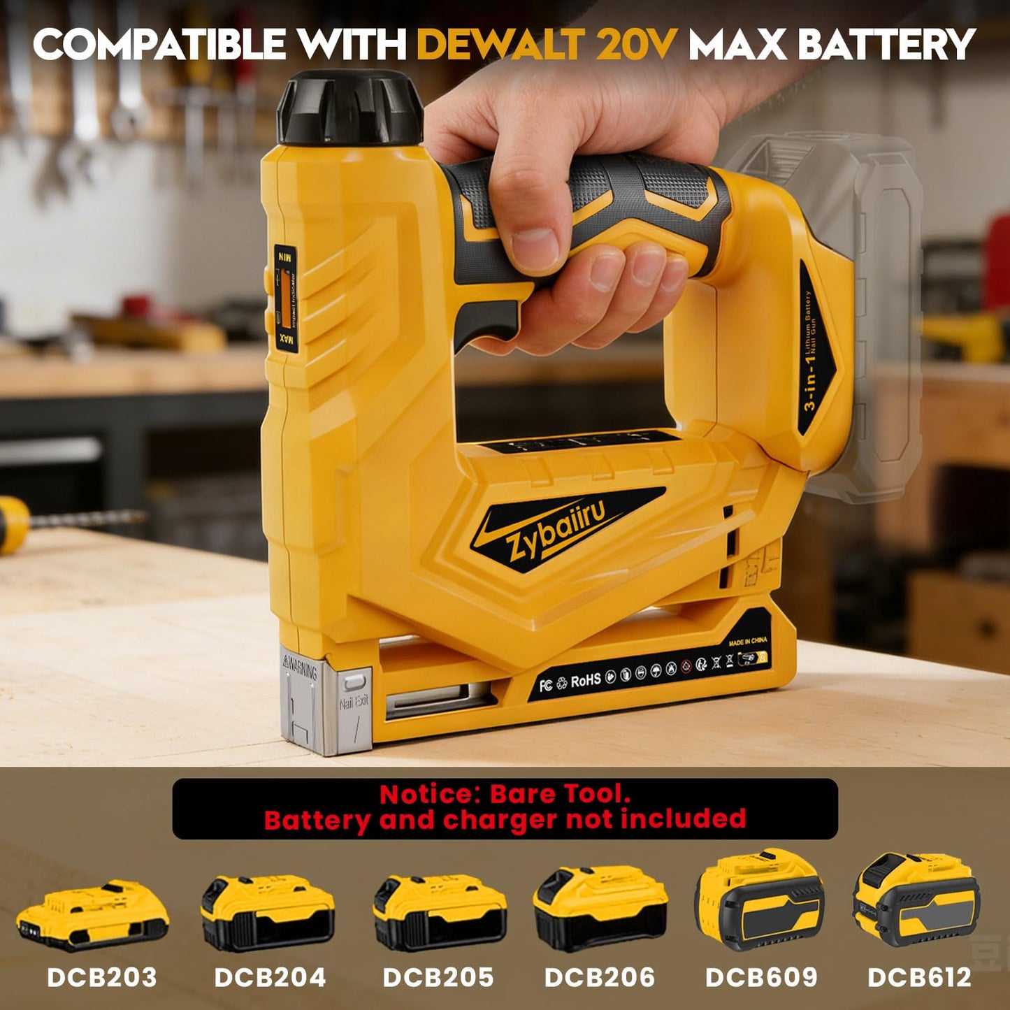 Zybaiiru 3-In-1 Cordless Nail Gun - Compatible with DEWALT 20V Battery - 18 GA Electric Brad Nailer with 1000 x 18GA Nails & 1000 x T50 Staples & 1000 x 1014J Staples for Wood & Home DIY (No Battery)