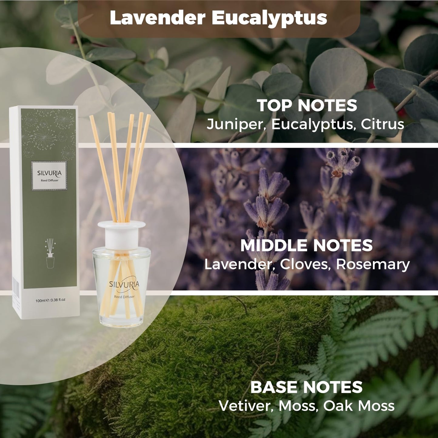 SILVURIA Lavender Eucalyptus Essential Scented Oil Reed Diffuser Set,3.38 fl.oz(100ml) with 6 Sticks,Home Fragrance for Office,Bedroom,Bathroom Decor