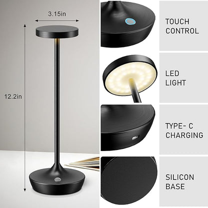Cordless Table Lamp Rechargeable - 6000mAh LED Battery Operated Table Light - Portable Touch Dimmable Outdoor Waterproof Table Lamps for Patio Restaurant Dining (Black)