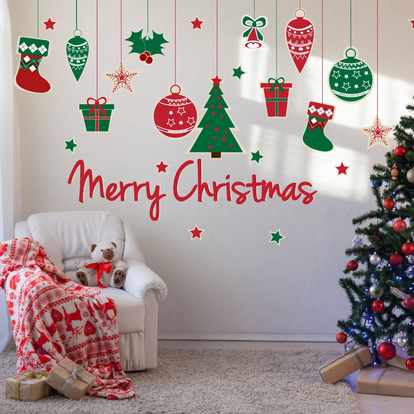 Merry Christmas Wall Decals Xmas Tree Snowflake Gift Wall Stickers Peel and Stick Removable Art Mural for Kids Gift Bedroom Living Room Door Window Decor Supplies