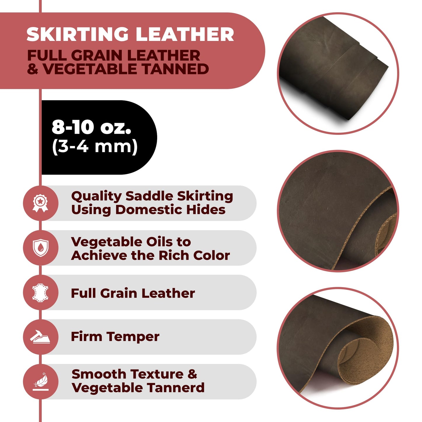 ELW 8-10 oz (3-4 mm) Skirting Veg Tan Leather | Dark Brown 1-2 SQFT| Thick Cowhide Tooling Leather Sheet for Belts, Saddle, Holster, Sheaths, Bulk Real Leather Pieces, Crafts, Remnants, Scraps USA