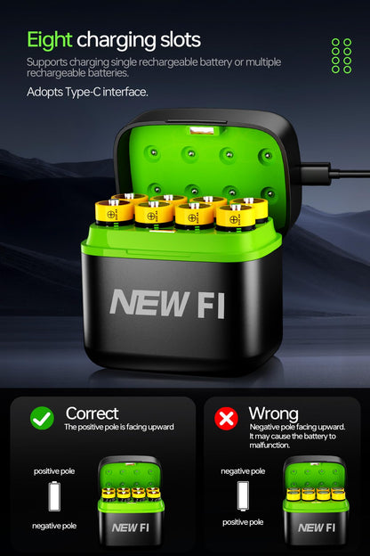 Portable 8-Bay AA/AAA Battery Charger with USB-C Input - Compact Travel Charger for AA/AAA Rechargeable Batteries, Fast Charge in Car/Home, Compatible with Li-ion NiMH NiCd