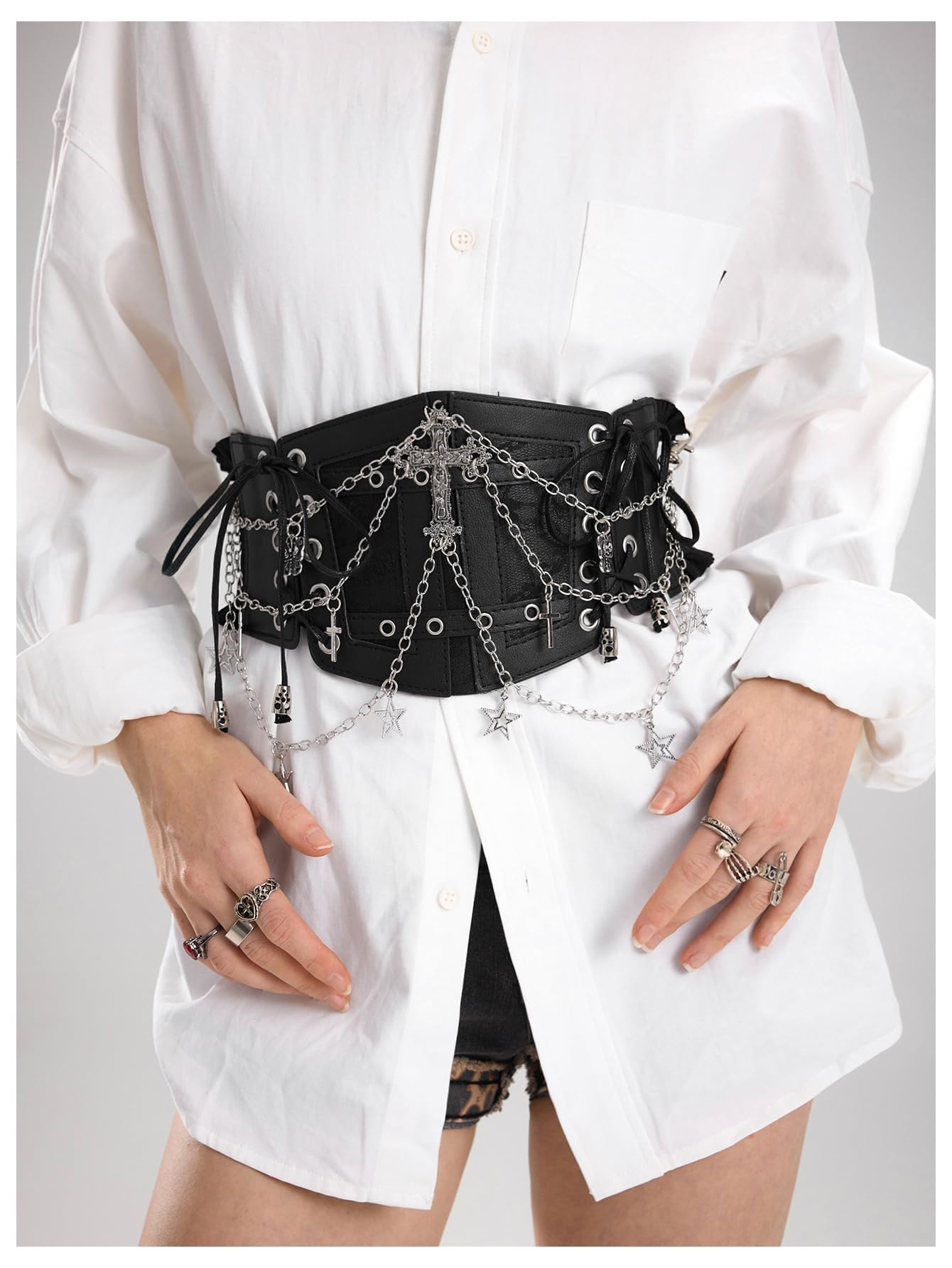 WDIRARA Women's Faux Leather Corset Belt Chain Goth Punk Cross Lace Up Side Elastic Waist Corset Black Large