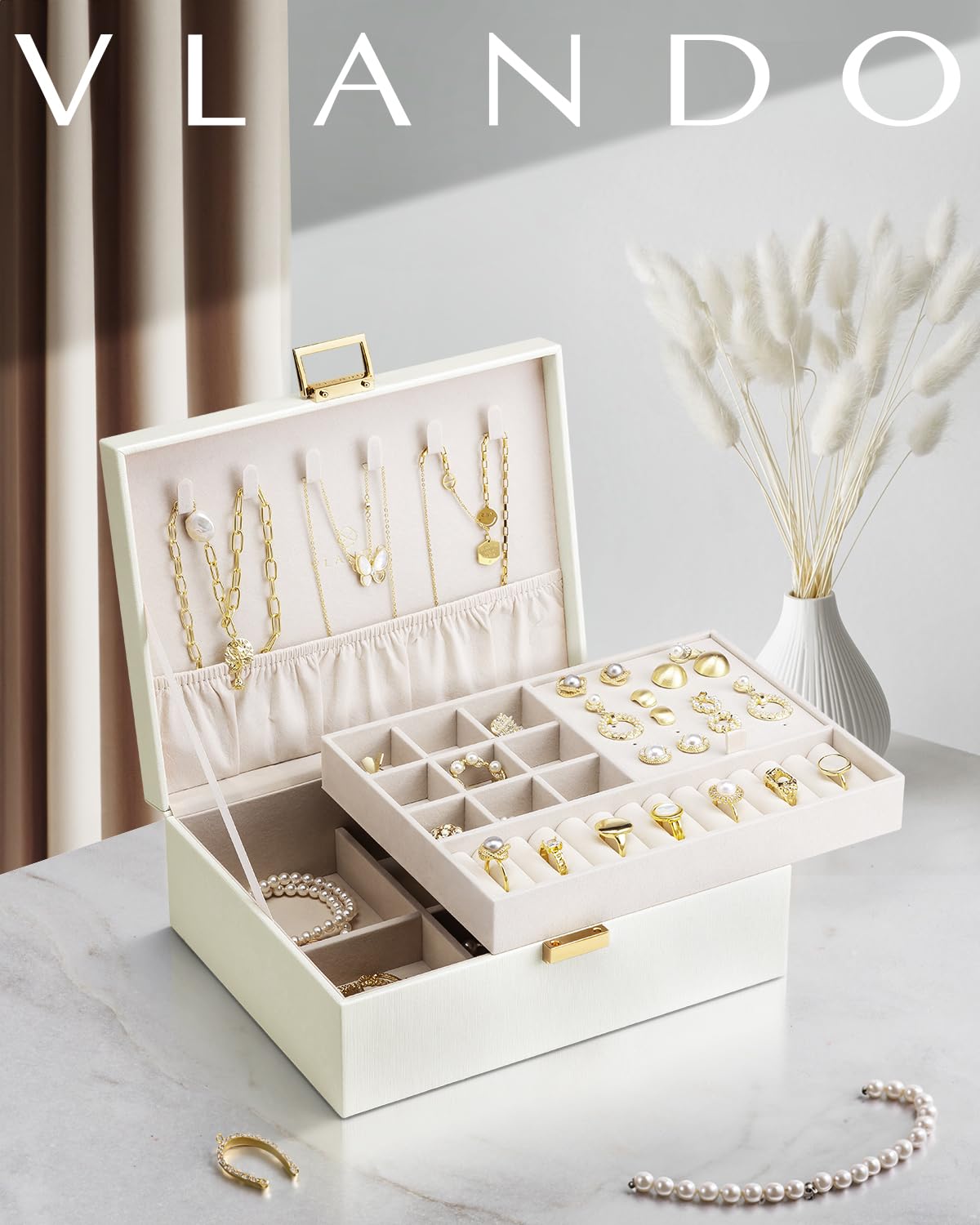 VLANDO Jewelry Box for Women, Gift for Women Girls,2 Layer Jewelry Box,Large Jewelry Organizer for Women Removable Jewelery Tray for Necklace Earrings Rings(Cream White)