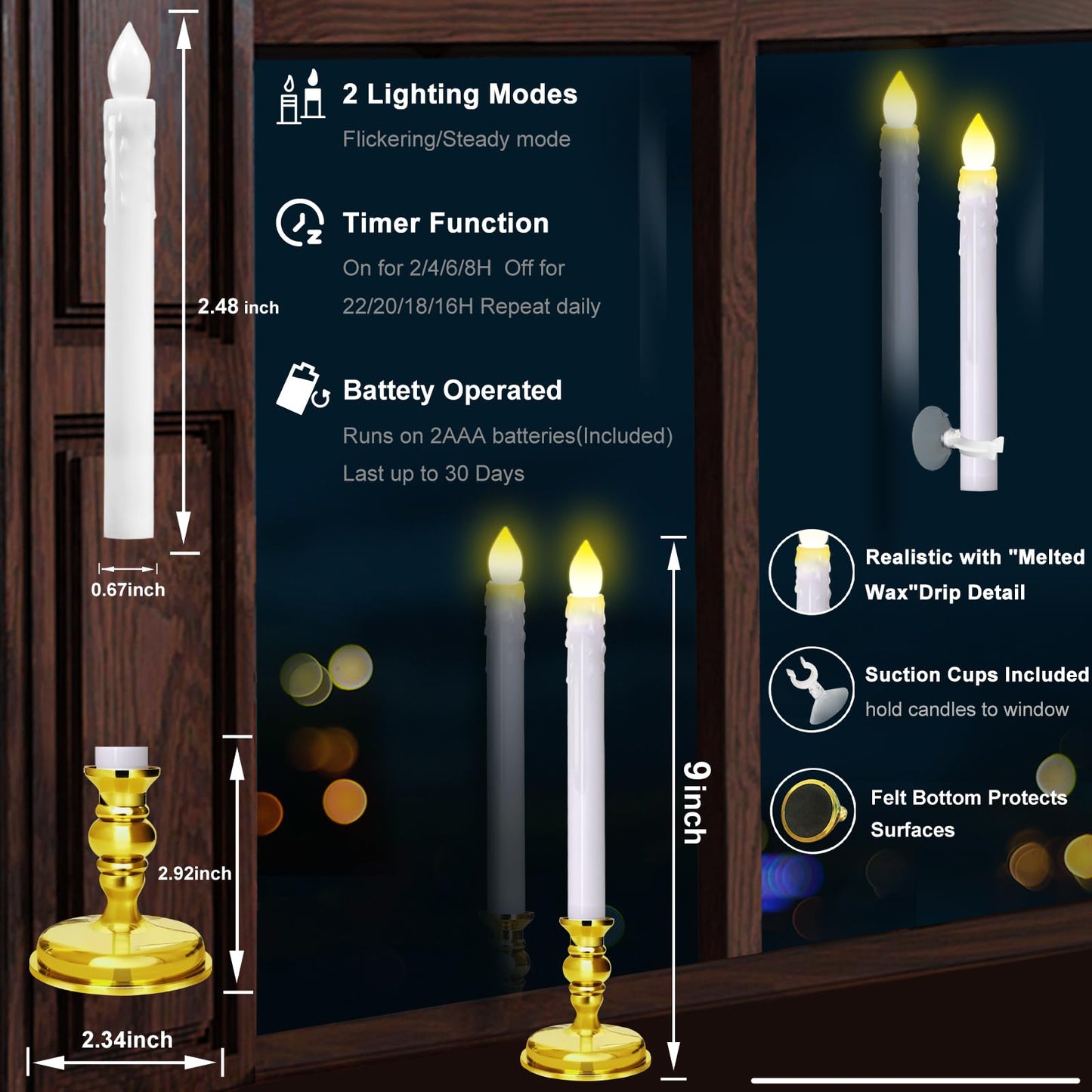 Kithouse 12 Pack Flameless LED Window Candles with Drip Texture,Removable Candle Holders,24 AAA Batteries,Daily Timer,ON/Off Remote,12 Window Suction Cups,Christmas Home Wedding Decor(Gold)