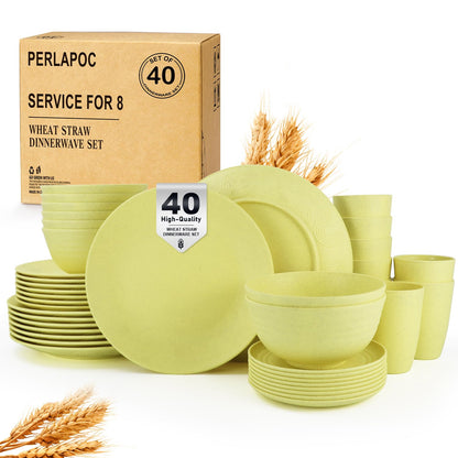 Wheat Straw Dinnerware Set 40-Piece Service for 8 Unbreakable Dishes Set Plates and Bowls Sets Drinking Glasses Microwave Safe Dish Set Lightweight Dinnerware Set for Home & Kitchen - Yellow