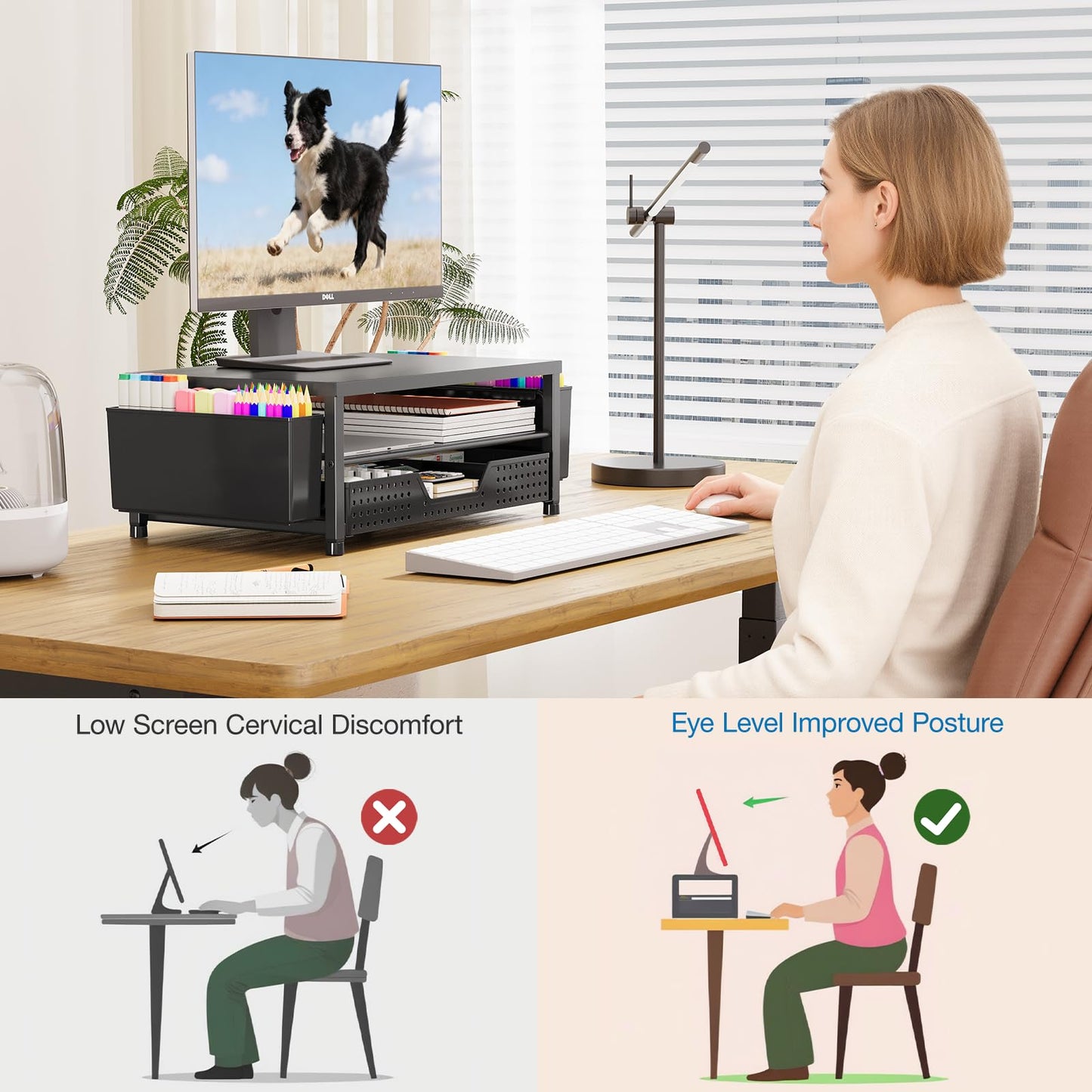 OPNICE Desk Organizers and Accessories, Computer Monitor Stand Riser with Drawer and 2 Pen Holders, Laptop Stand, Office Desk Accessories & Workspace Organizers for Home Office Supplies, Black