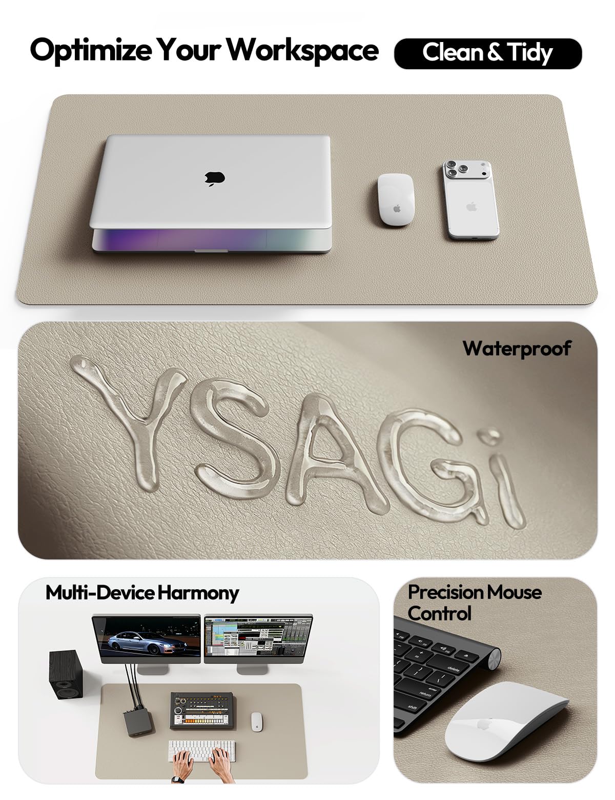 YSAGi Leather Desk Protector, Office Mat, Large Mouse Mat, Non-Slip PU Leather Blotter, Laptop Pad, Waterproof Writing Pad for Office and Home (Olive Beige, 47" x 17")