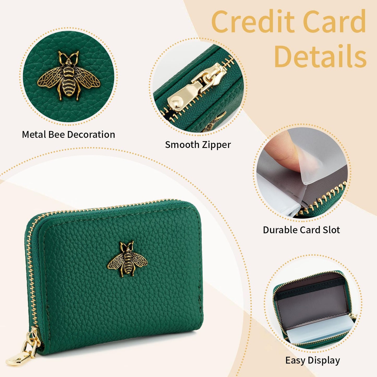 WOZEAH Leather Credit Card Holder for Women Wallet RFID Blocking Zipper Wallet Card Case Business（Green）