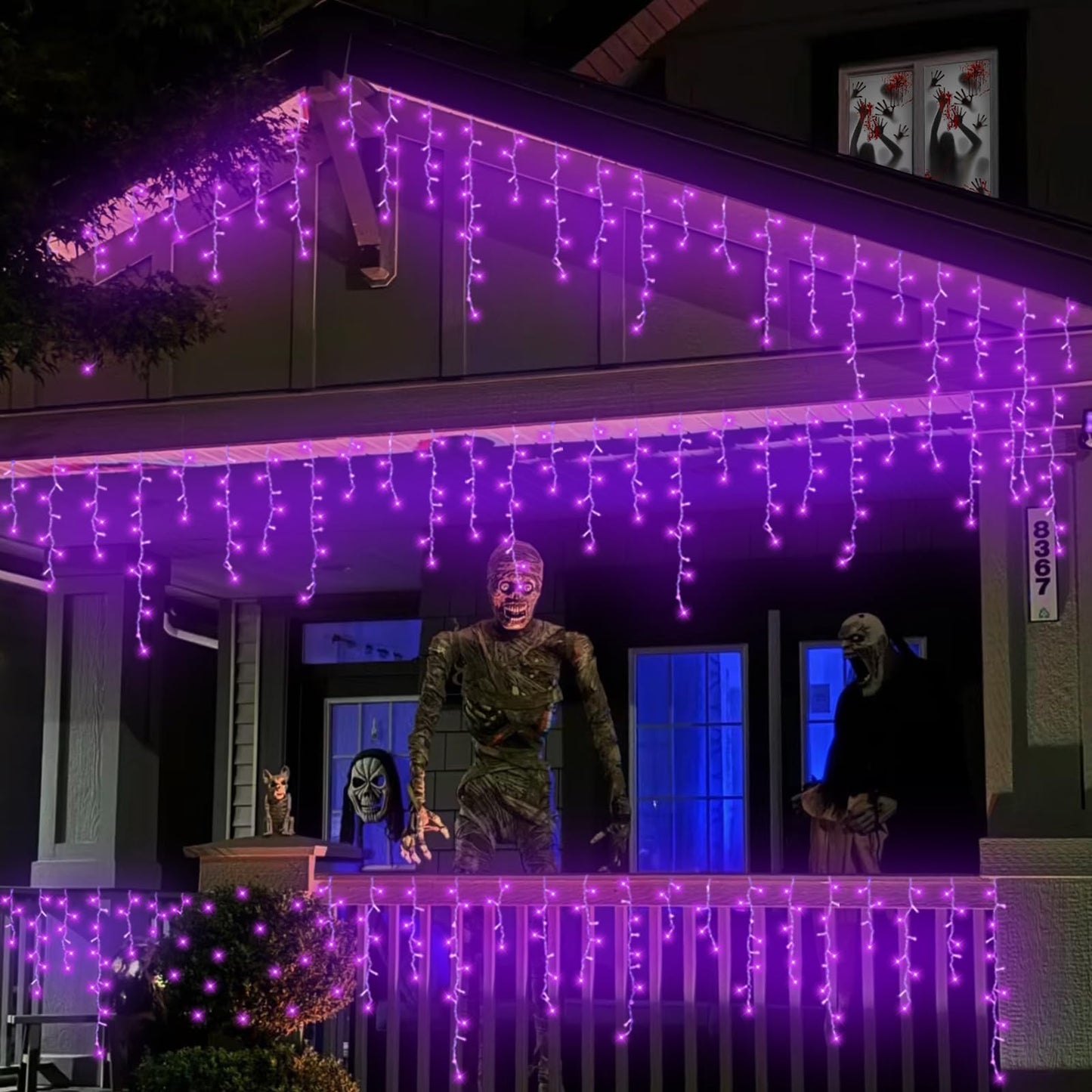 QITONG Purple Icicle Lights for Outside, 33ft 400 LED String Light Indoor Plug in, Clear Wire Connectable Icicle Christmas Lights with 8 Modes