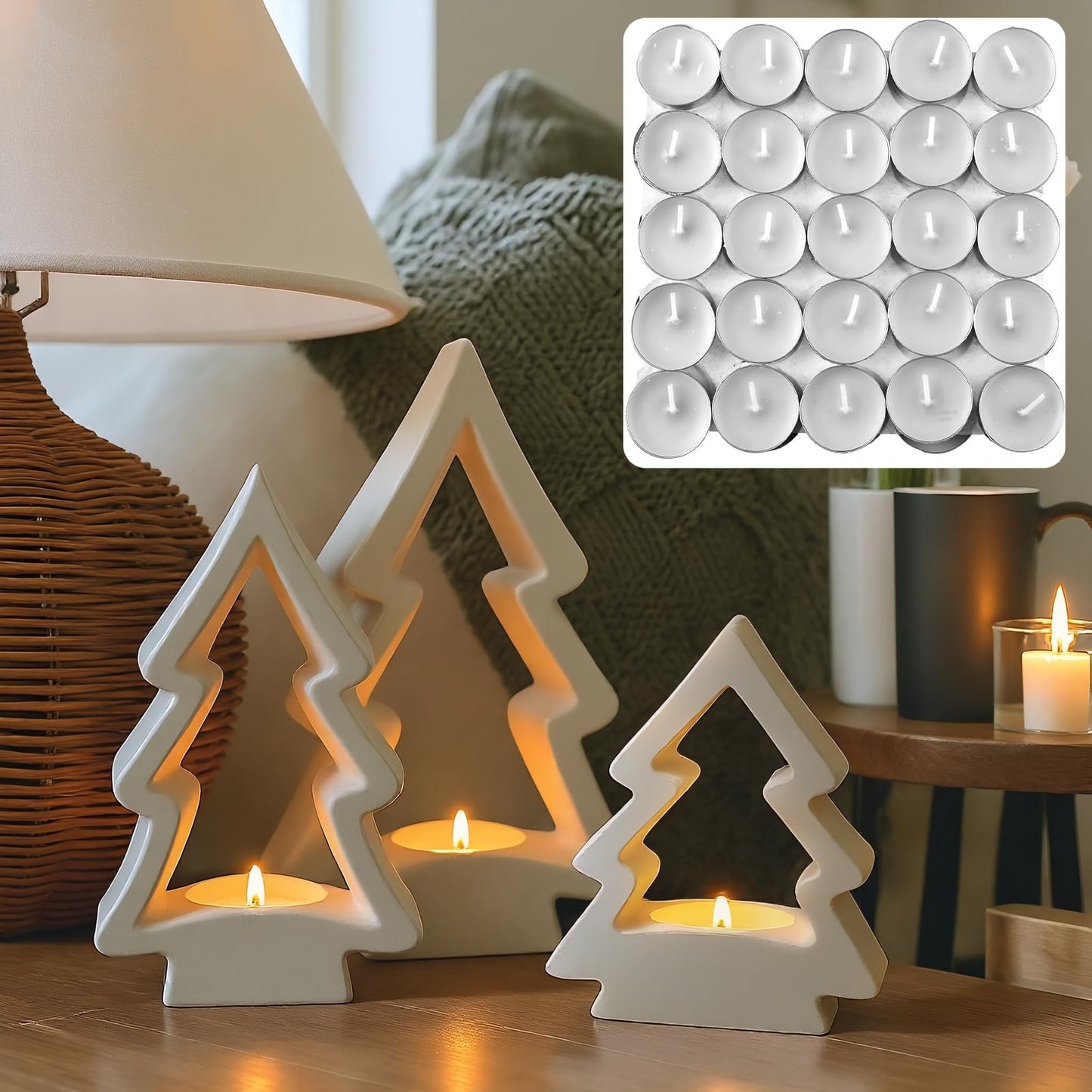 Sunnychicc 53 Pcs Christmas Tree Candle Holders Concrete Tea Light Holders Christmas Tree Table Centerpieces Party Decorations Xmas Gifts for Farmhouse Holiday Party Fireplace Mantel Decor