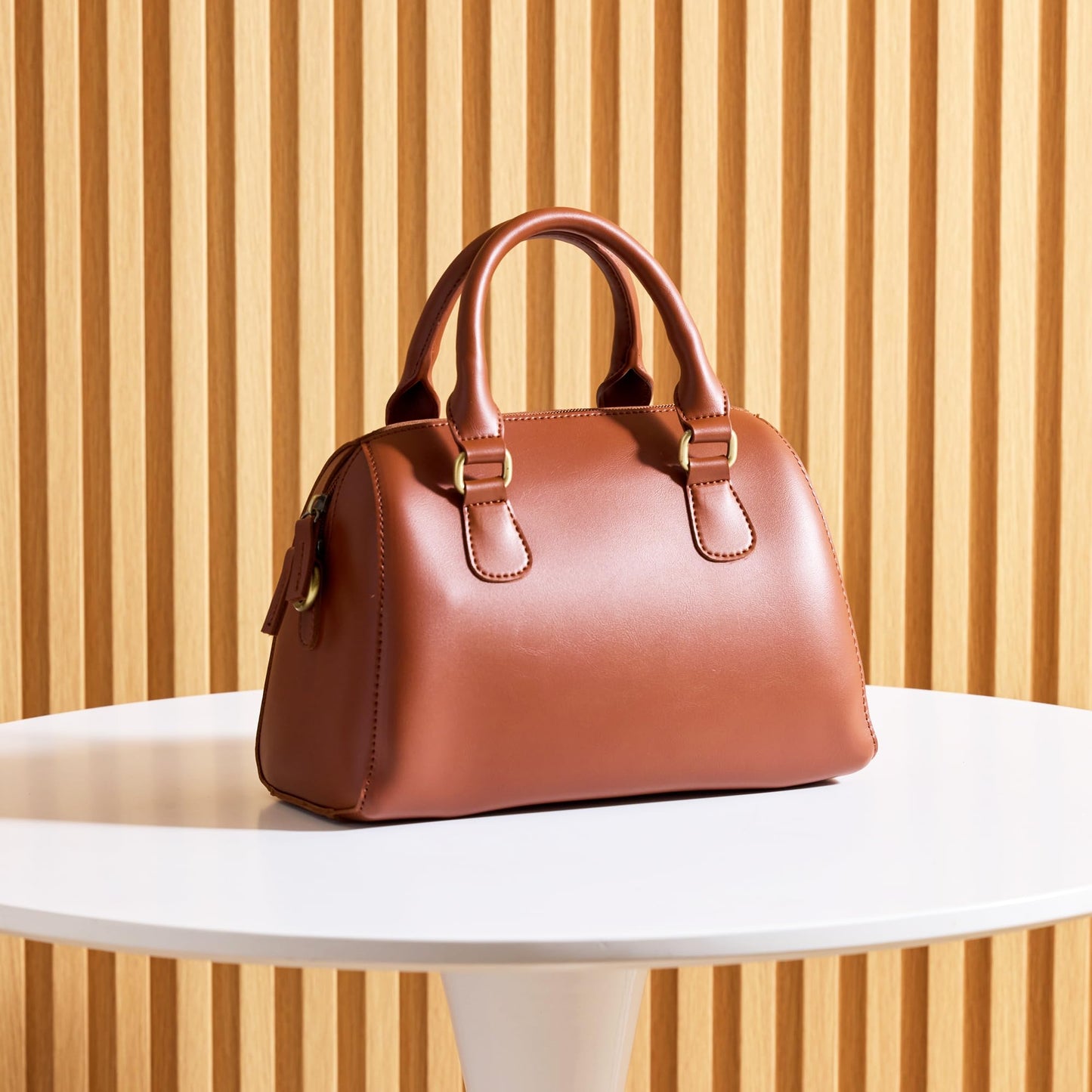 Vintage Vegan Leather Boston Bag for Women (BROWN)