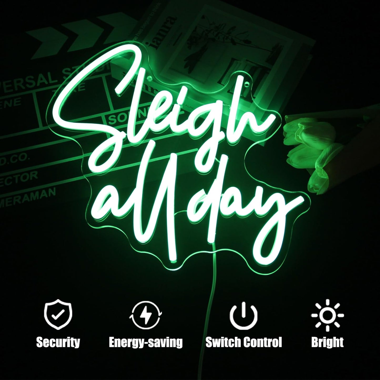 CKTBLEY Sleigh All Day Neon Lights Signs Christmas Neon Sign Green Letter LED Neon Lights for Wall Words Xmas Neon Light Up Sign for Bedroom Bar Man Cave Christmas Party Decor
