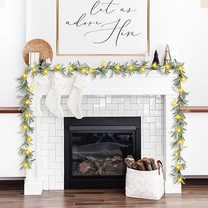 6ft Christmas Garland with Lights – Artificial Greenery Olive Garland with White Berries, Pinecones & Warm LED Fairy Lights – Holiday Garland for Home, Wedding, Party Decorations