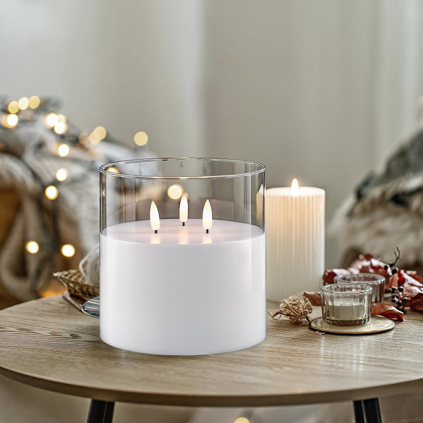 GenSwin Glass Flameless Candles Flickering with 3 Wicks and Remote Timer, 1 Pcs Clear LED Candles Battery Operated, Large Glass Candle for Halloween Christmas Home Decor(D6” x H6”)